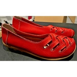 Socofy Woven Red Leather Flats Comfort Shoes Casual Everyday Slip On Women's 8